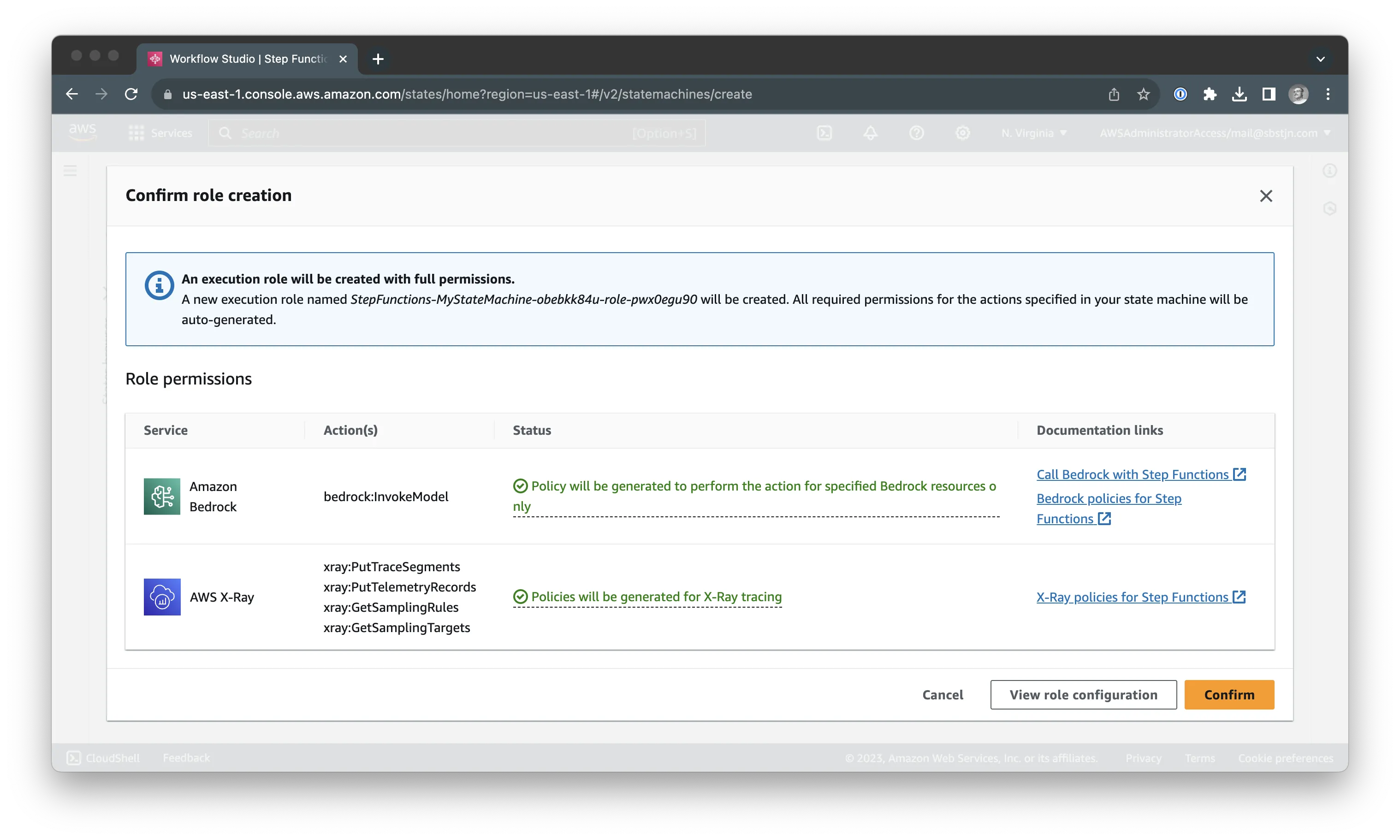 Confirm IAM Role permissions for AWS Step Functions and Amazon Bedrock