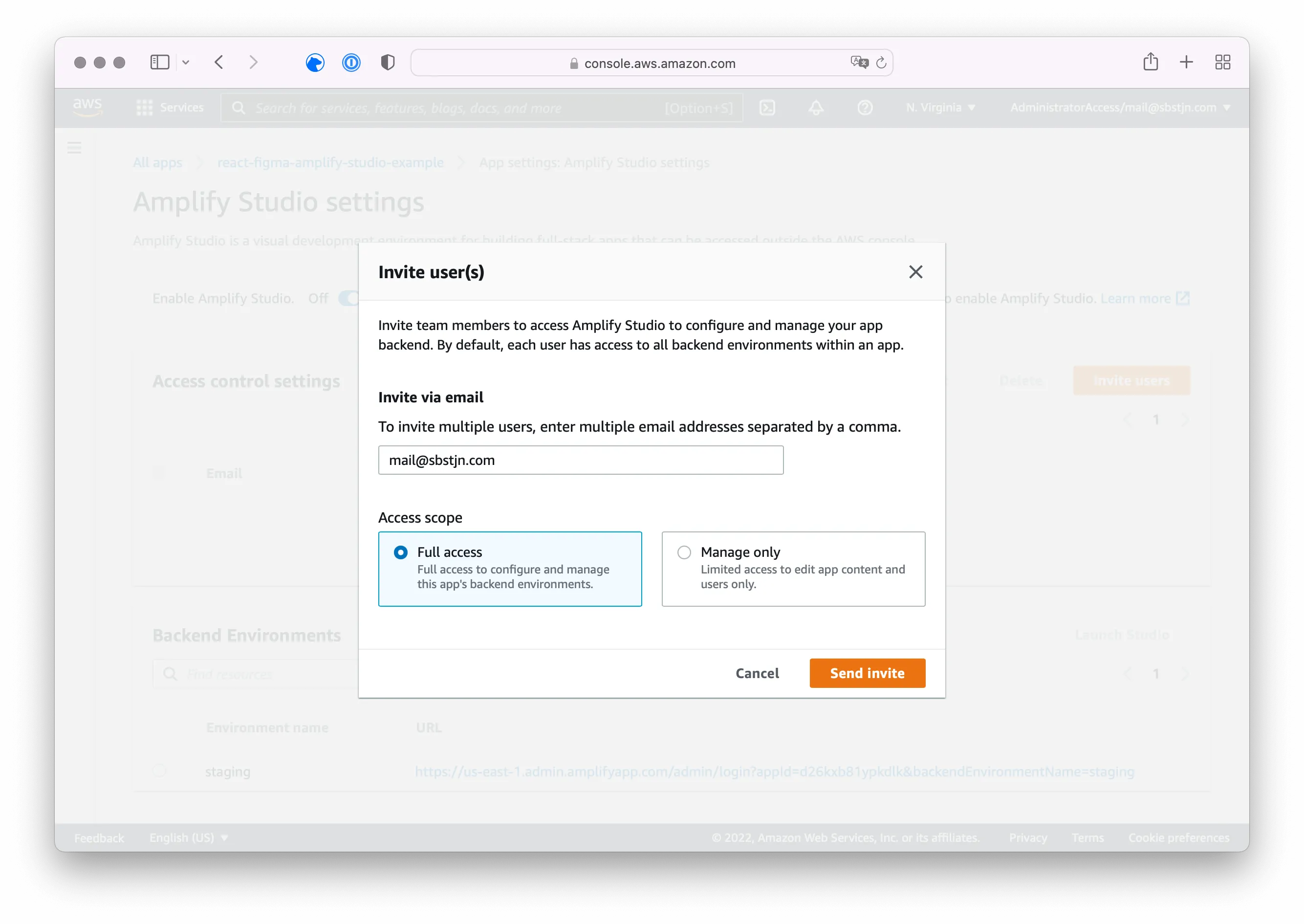 AWS Amplify Studio users invite configuration