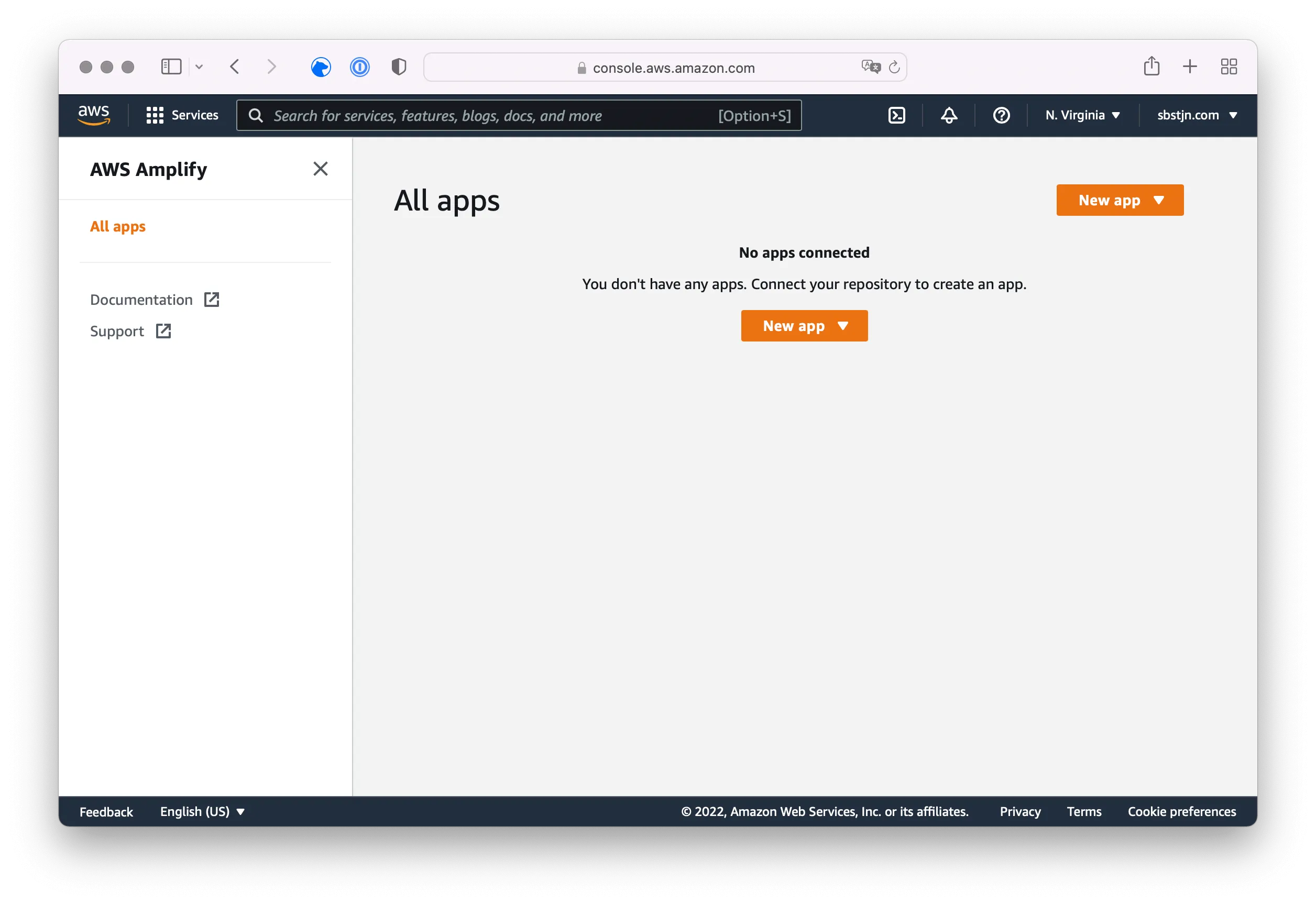 aws console: create new amplify app