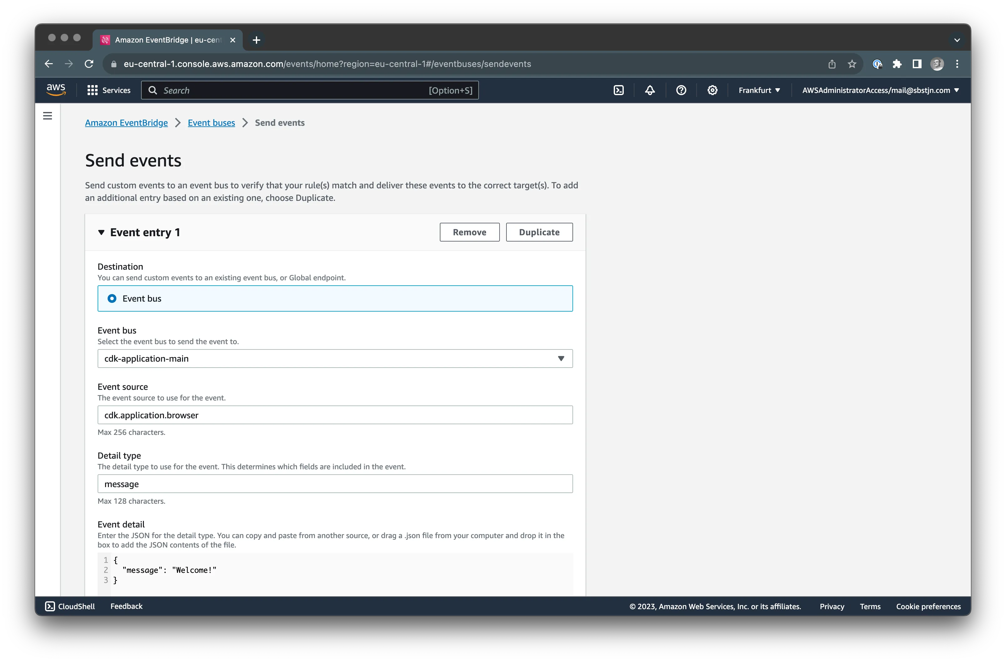 AWS Management Console Amazon EventBridge Put Event