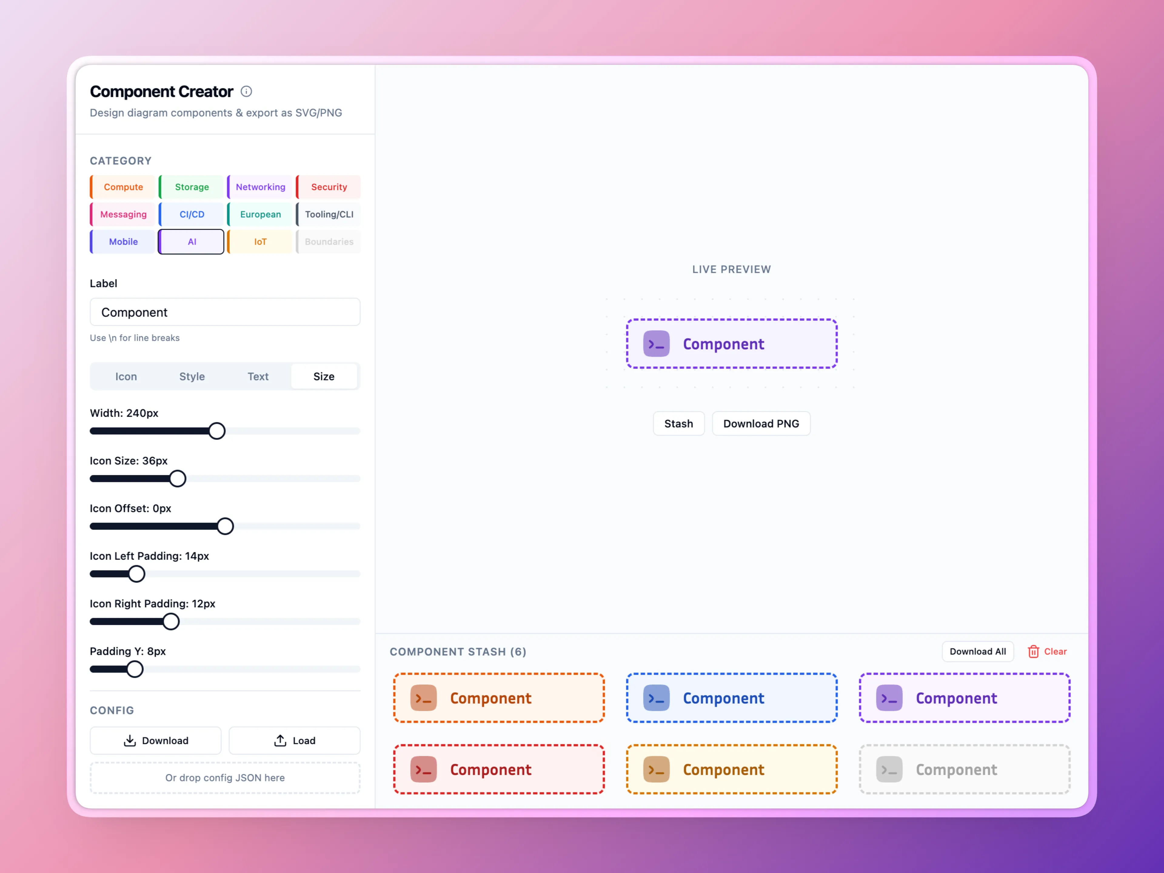 Component Creator with basic settings for font display and alignment