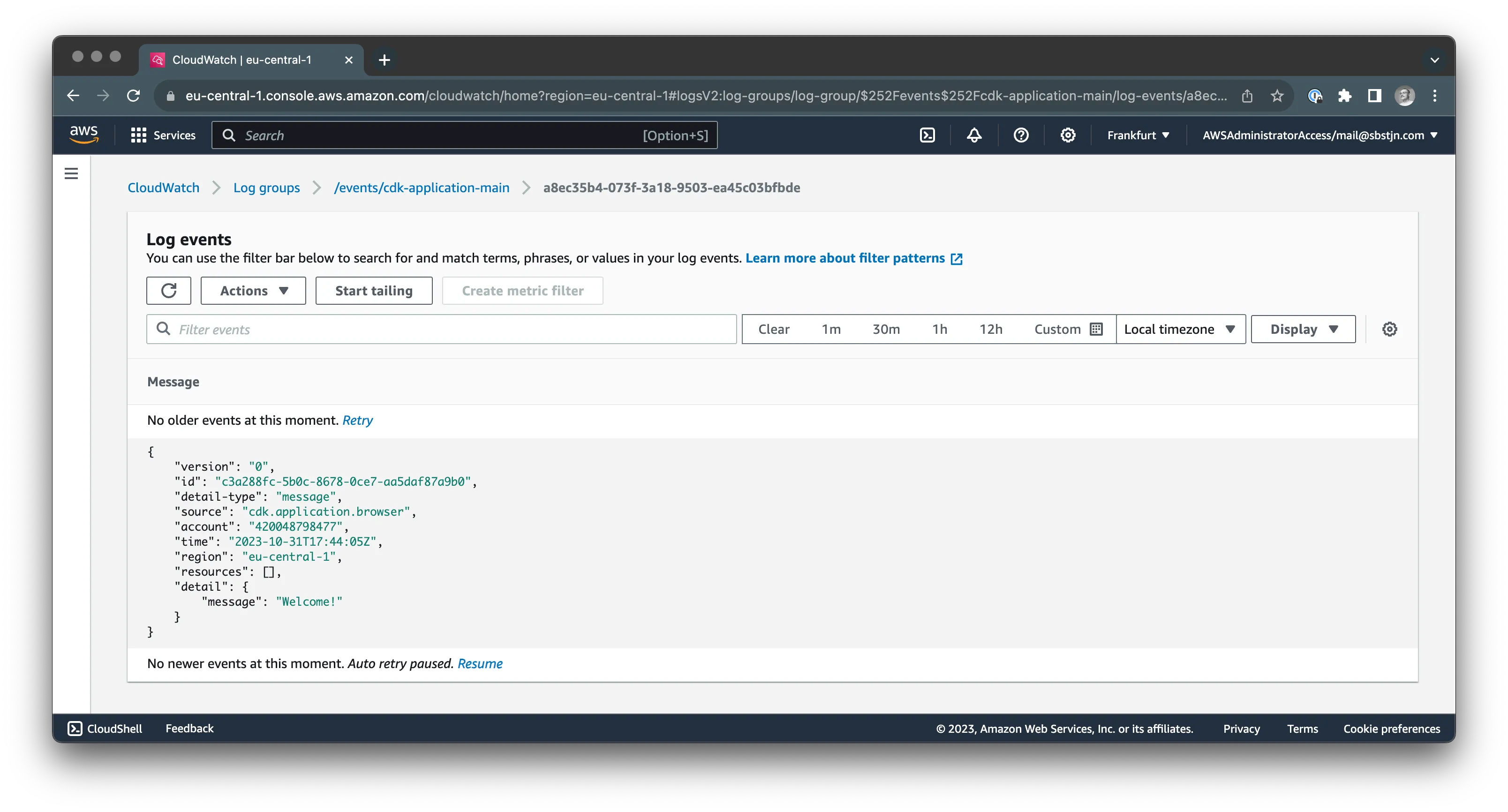 AWS Management Console Amazon EventBridge CloudWatch Log group