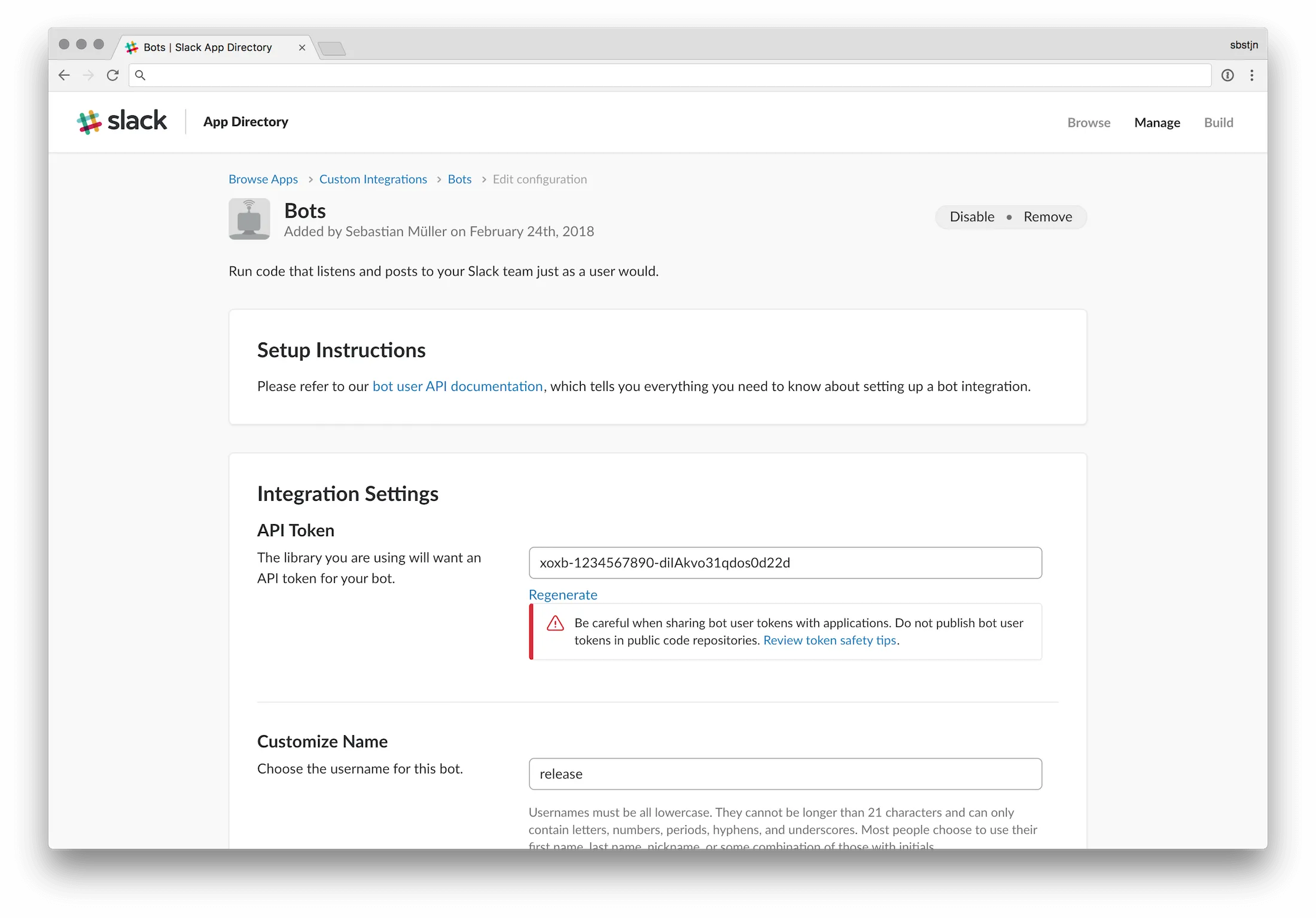 Configure Slack Bot API Token
