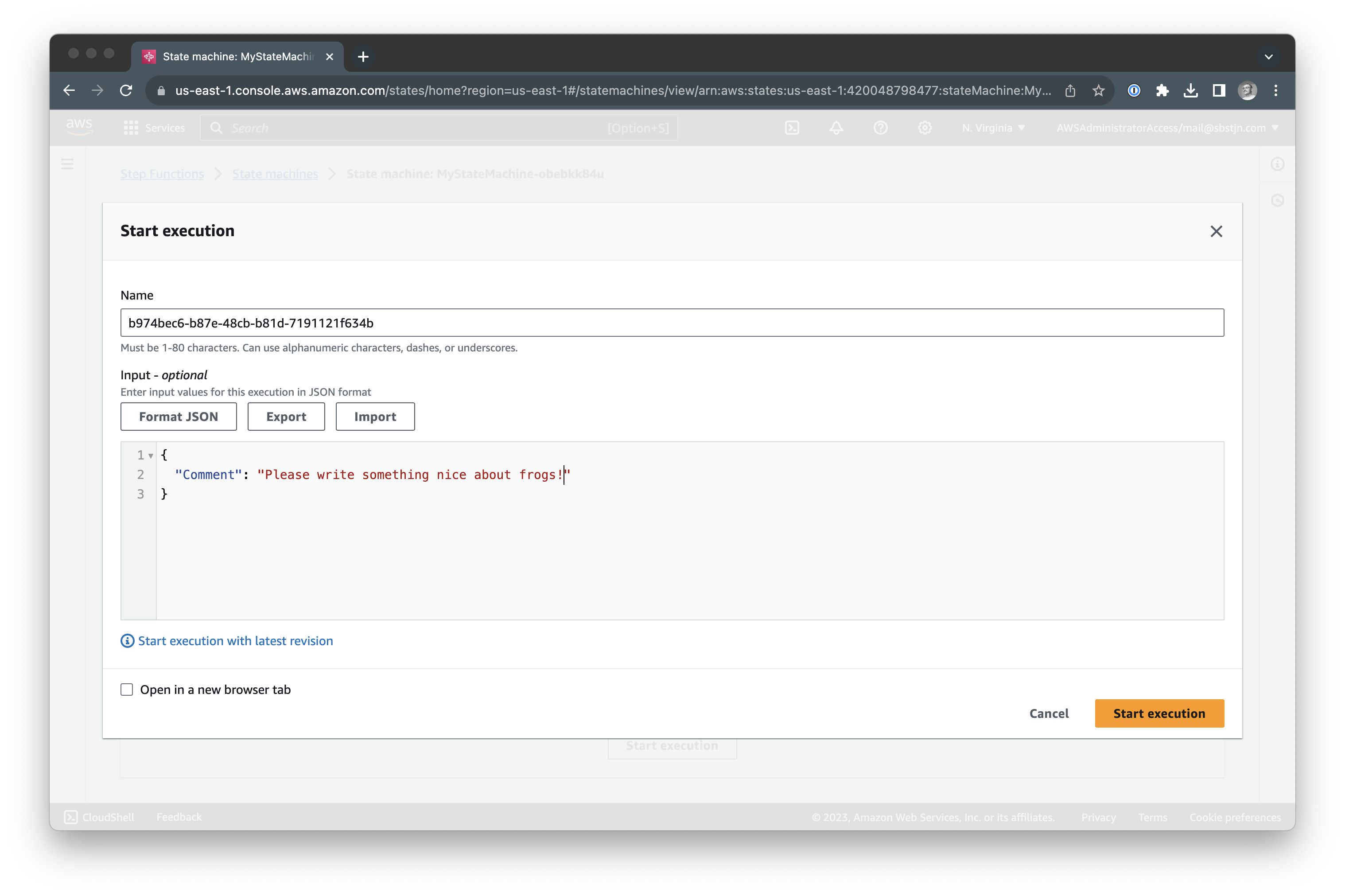 Start new execution in AWS Step Functions for Amazon Bedrock