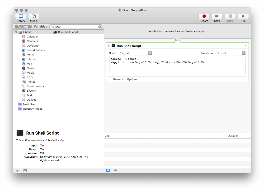 Automator: Run Shell Script